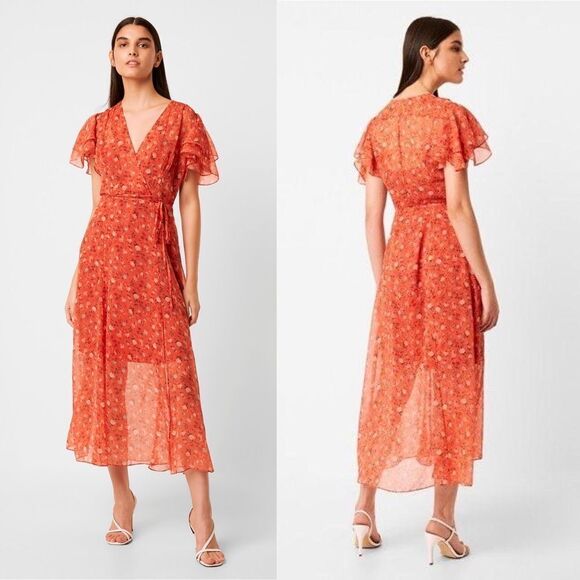 NWT French Connection Esi Crepe Midi Tea Flutter Sleeve Dress in Pumpkin 0 - Picture 2 of 9